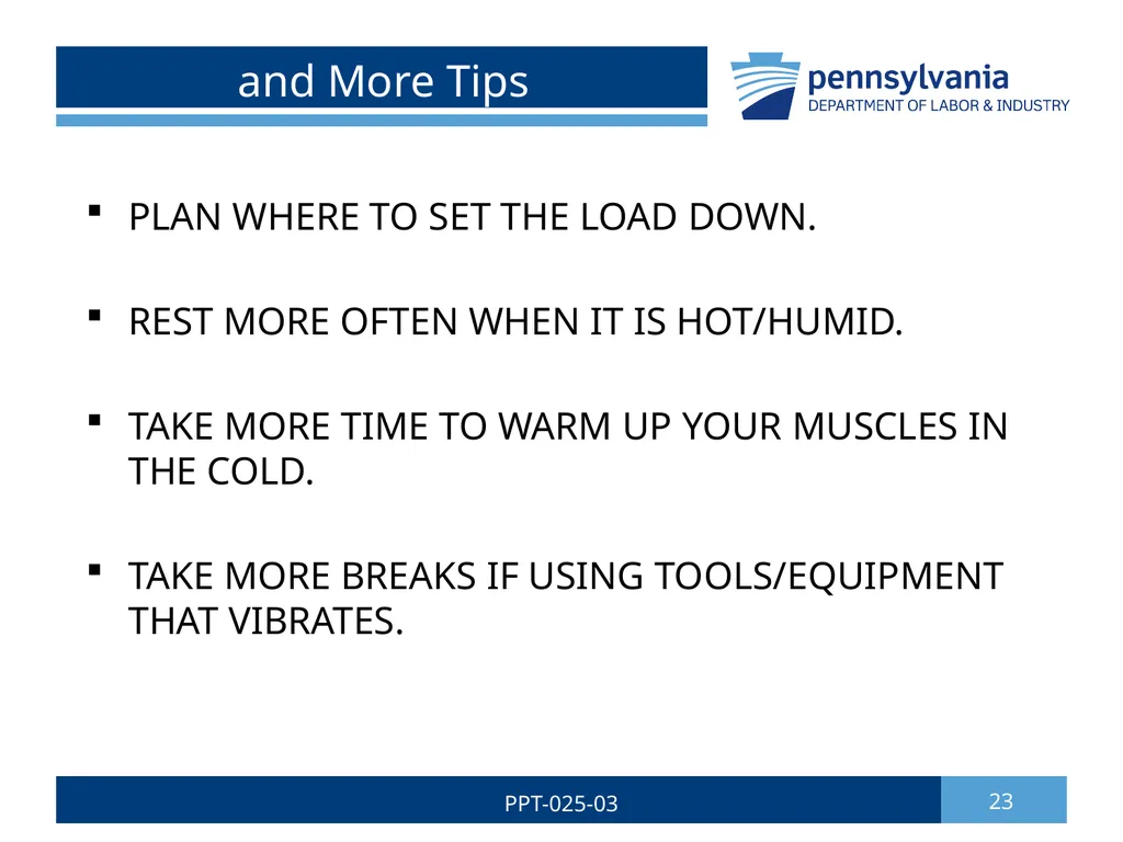 SAFE LIFTING/MATERIAL HANDLING 1 PPT-025-03 Bureau - slide 23 of 37
