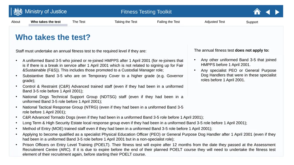 STAFF FITNESS TESTING TOOLKIT January 2021 Purpose - slide 3 of 8