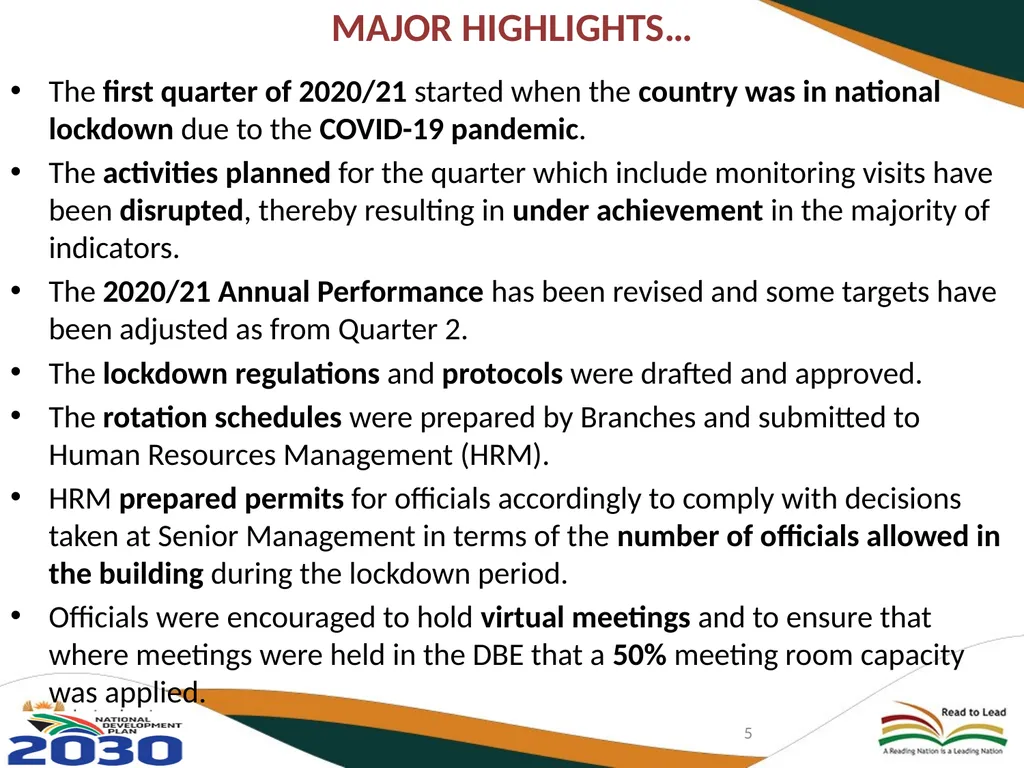 FIRST QUARTER PERFORMANCE OF THE DEPARTMENT IN - slide 5 of 142