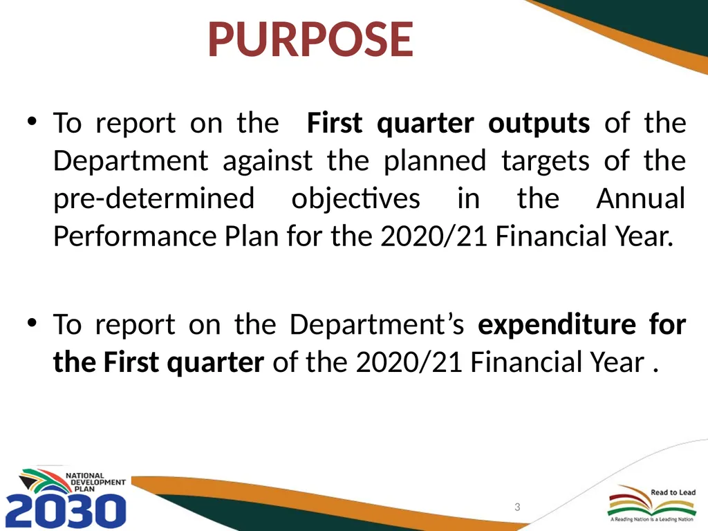 FIRST QUARTER PERFORMANCE OF THE DEPARTMENT IN - slide 3 of 142