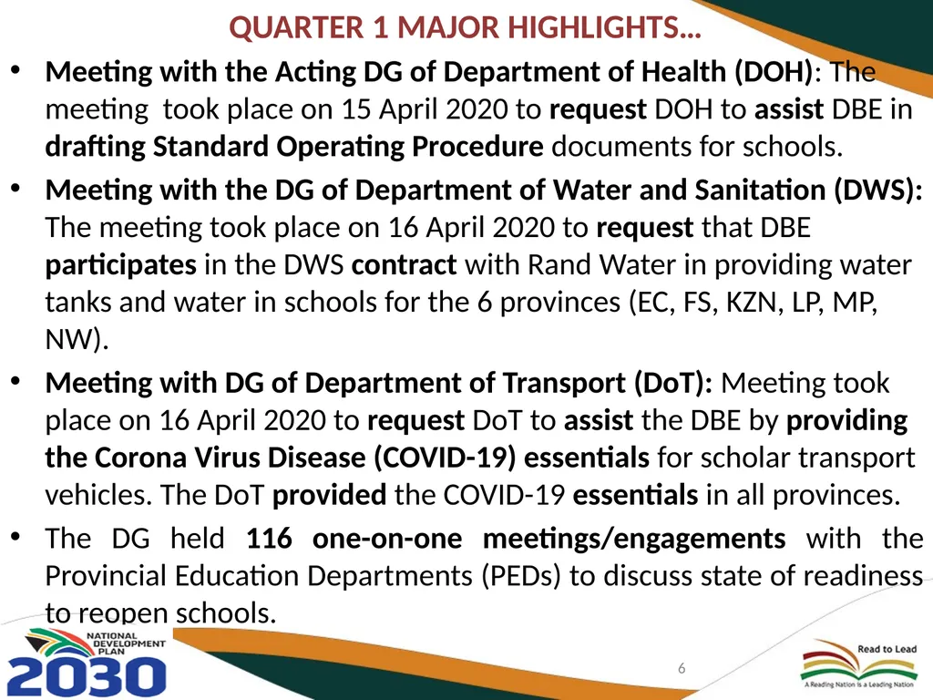 FIRST QUARTER PERFORMANCE OF THE DEPARTMENT IN - slide 6 of 142