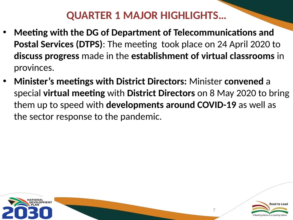 FIRST QUARTER PERFORMANCE OF THE DEPARTMENT IN - slide 7 of 142