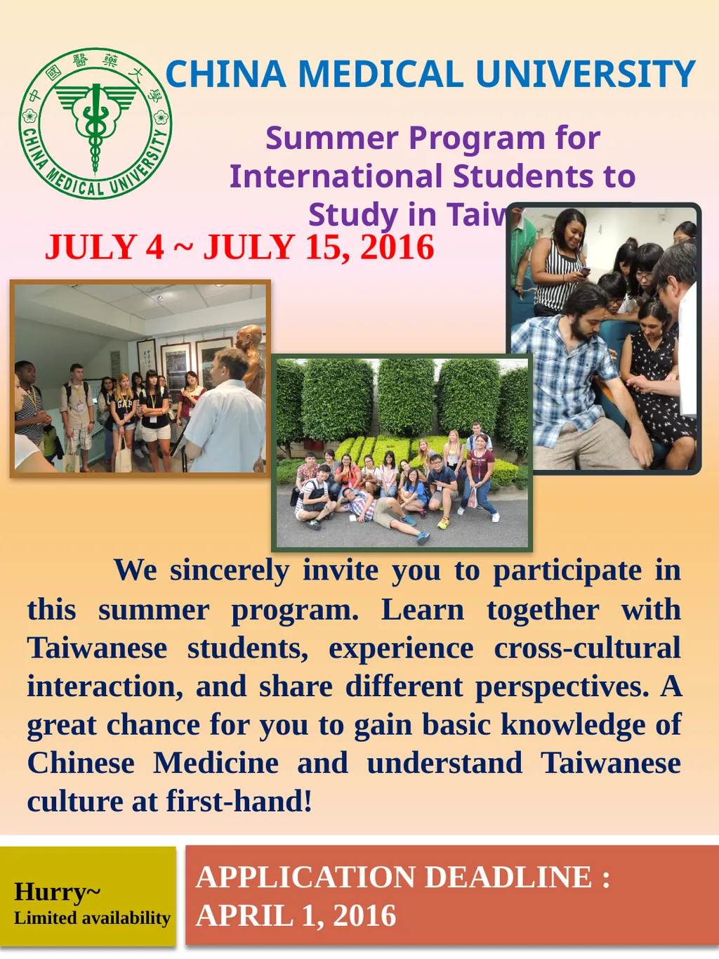 APPLICATION DEADLINE : APRIL 1, 2016 CHINA MEDICAL - slide 1 of 2