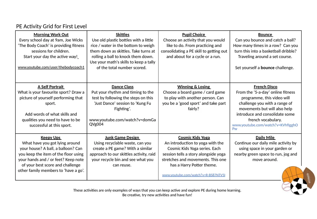 Physical Education Activity Grid – First Level - slide 2 of 6
