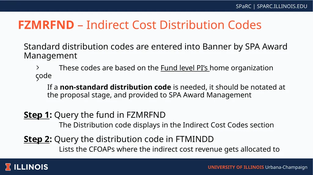 Indirect Cost Rates and Distribution Codes FZMRFND - slide 2 of 6