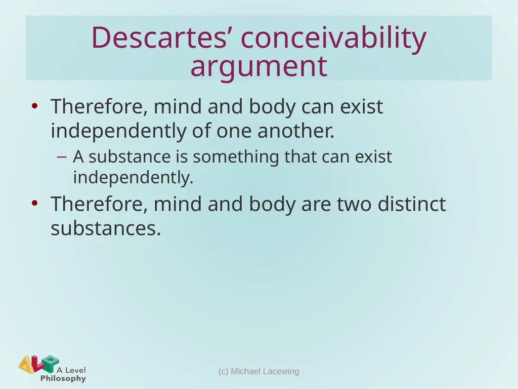 Descartes’ conceivability argument for substance - slide 5 of 11