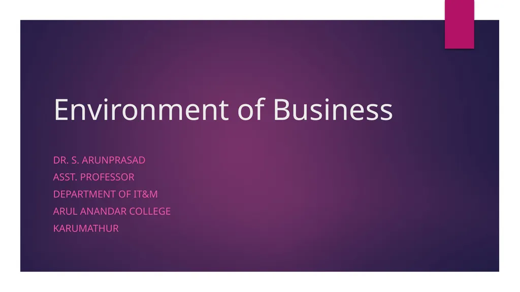 Environment of Business Dr. S. Arunprasad Asst.