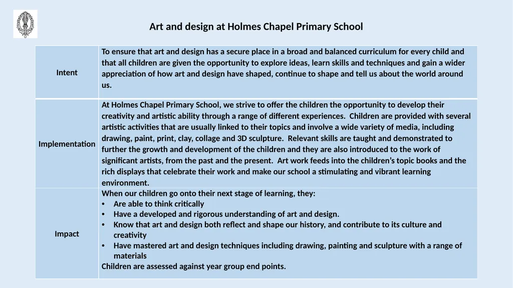 Holmes Chapel Primary School Art and Design - slide 2 of 18