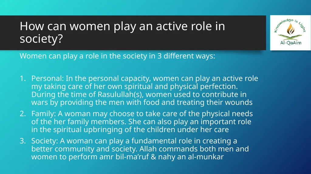WOMEN IN ISLAM LESSON 7D10 Learning objectives To - slide 8 of 10