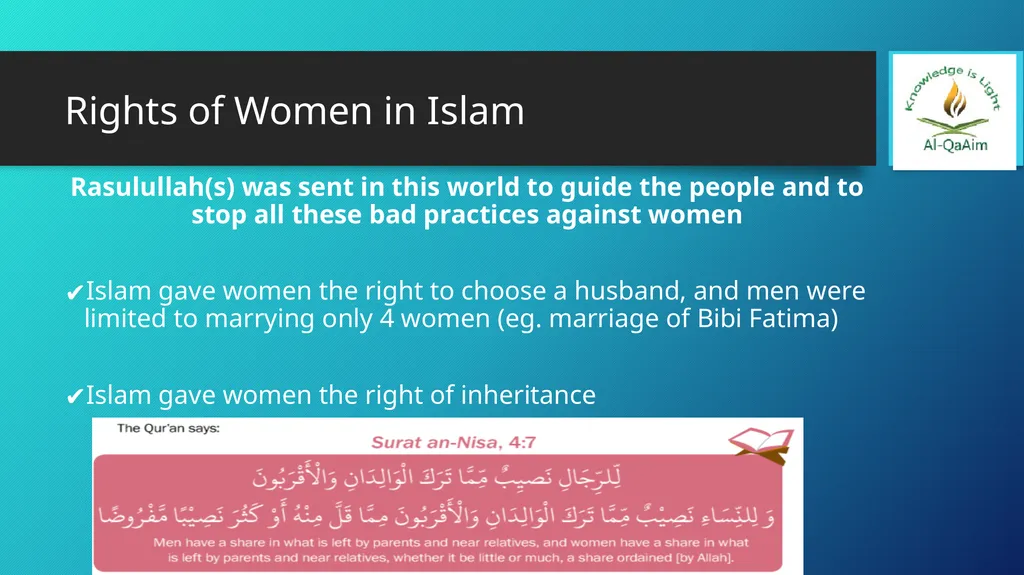 WOMEN IN ISLAM LESSON 7D10 Learning objectives To - slide 6 of 10