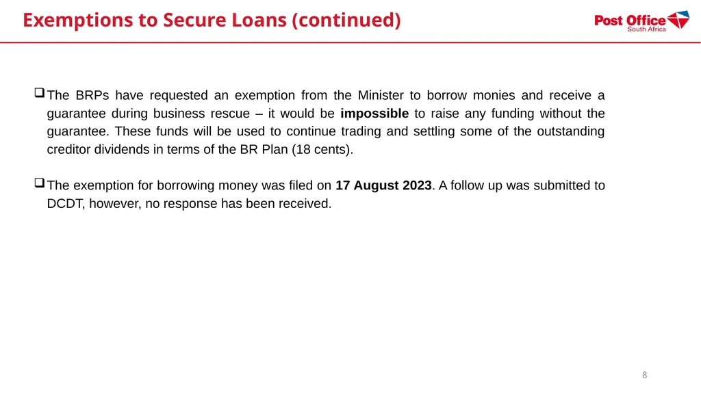 SOUTH AFRICAN POST OFFICE (SOC) LTD - (SAPO) - slide 8 of 27