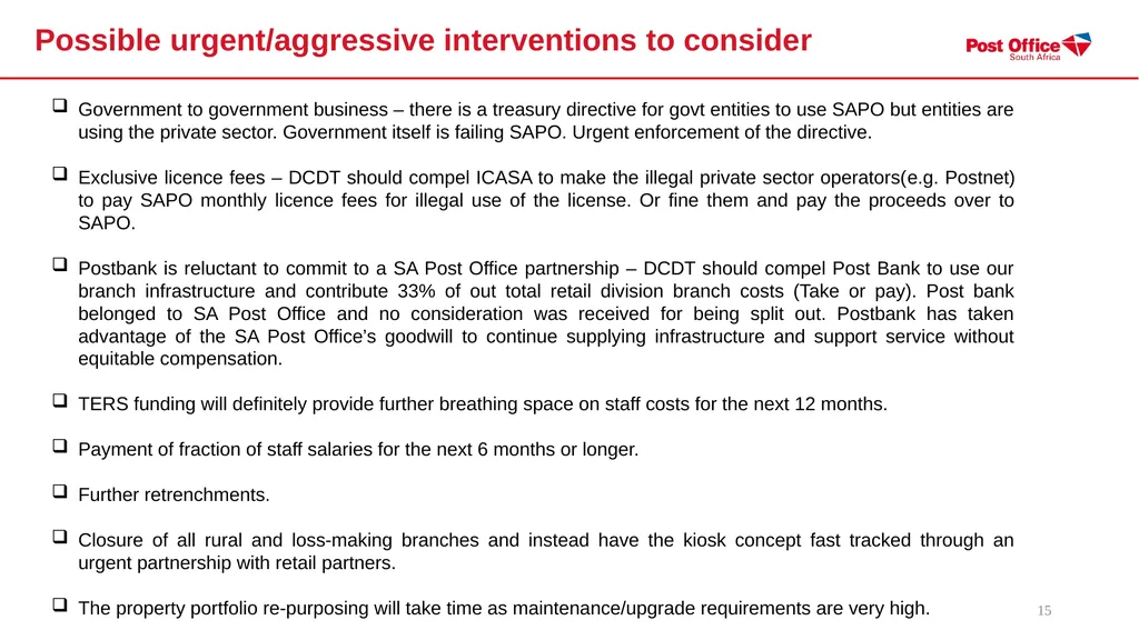 SOUTH AFRICAN POST OFFICE (SOC) LTD - (SAPO) - slide 15 of 27