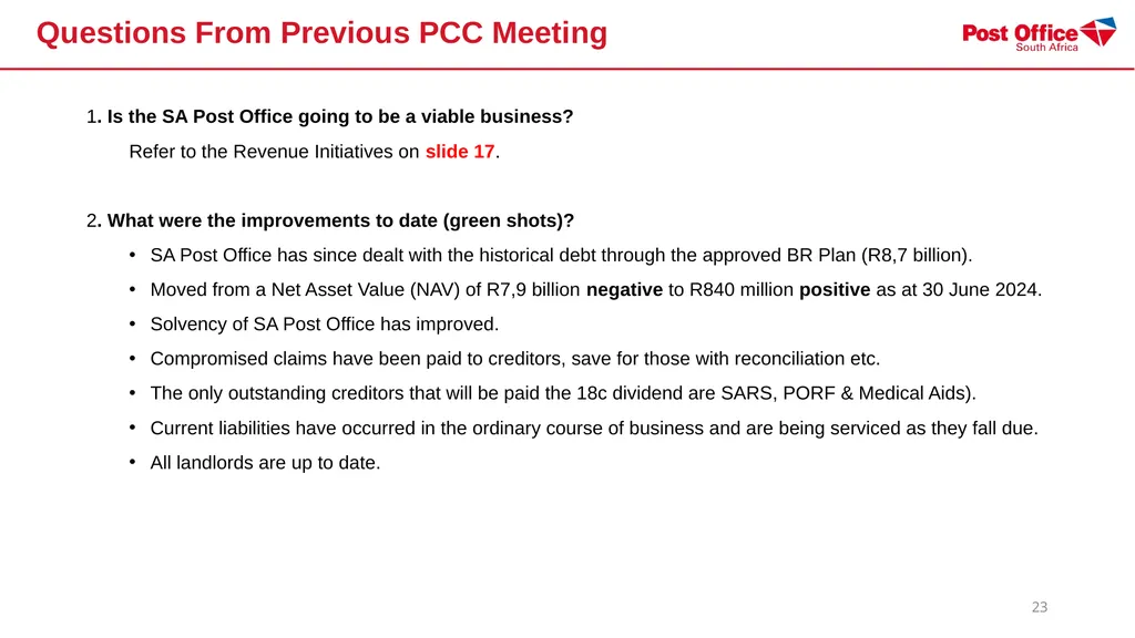 SOUTH AFRICAN POST OFFICE (SOC) LTD - (SAPO) - slide 23 of 27