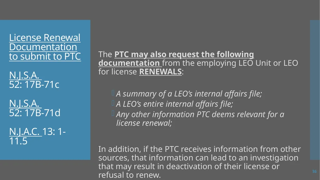 Law Enforcement Licensing AN OVERVIEW 1 SECTION I: - slide 36 of 76