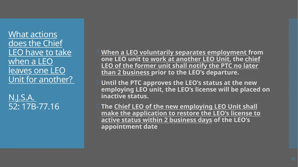 Law Enforcement Licensing AN OVERVIEW 1 SECTION I: - slide 72 of 76
