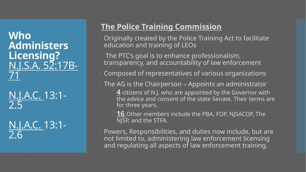 Law Enforcement Licensing AN OVERVIEW 1 SECTION I: - slide 5 of 76