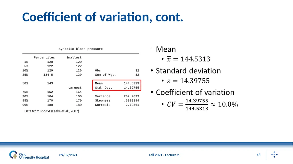 Fall 2021 - Lecture 2 1 Descriptive Statistics – - slide 18 of 20