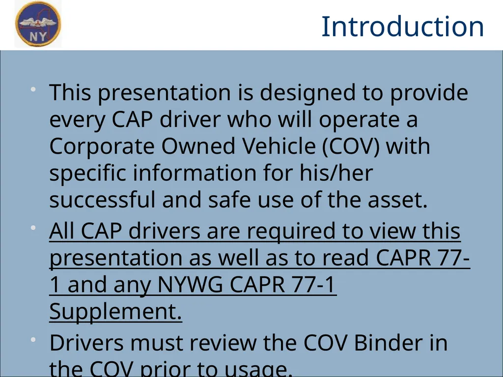 CAP OWNED VEHICLE (COV) ORIENTATION Prepared MAY - slide 2 of 43
