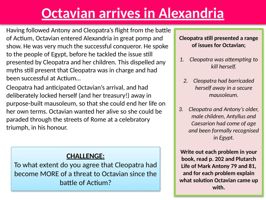 Cleopatra’s suicide; methods and reasoning L.O. To - slide 3 of 8