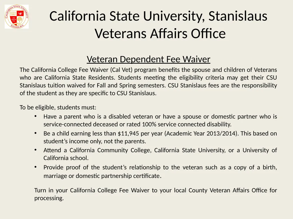 California State University, Stanislaus Veterans - slide 12 of 20