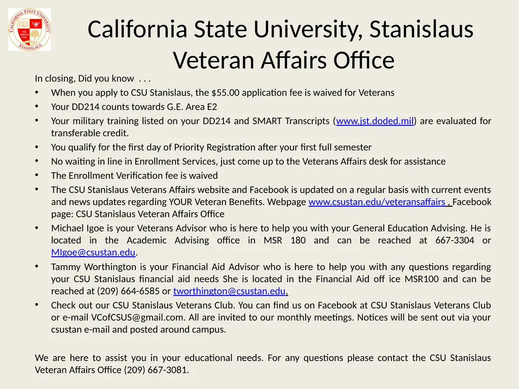 California State University, Stanislaus Veterans - slide 20 of 20