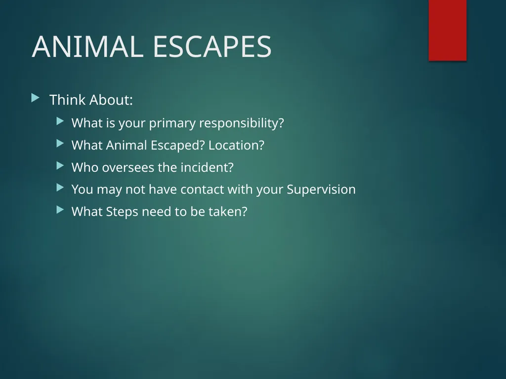 ANIMAL ESCAPE TABLETOP DRILL Your institution - slide 9 of 21