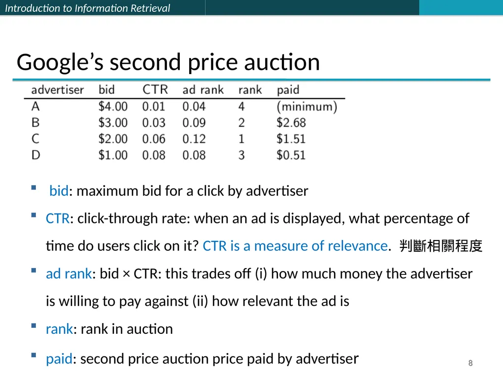Lecture 7 : Web Search & Mining (2) 楊立偉教授 台灣科大資管系 - slide 8 of 61