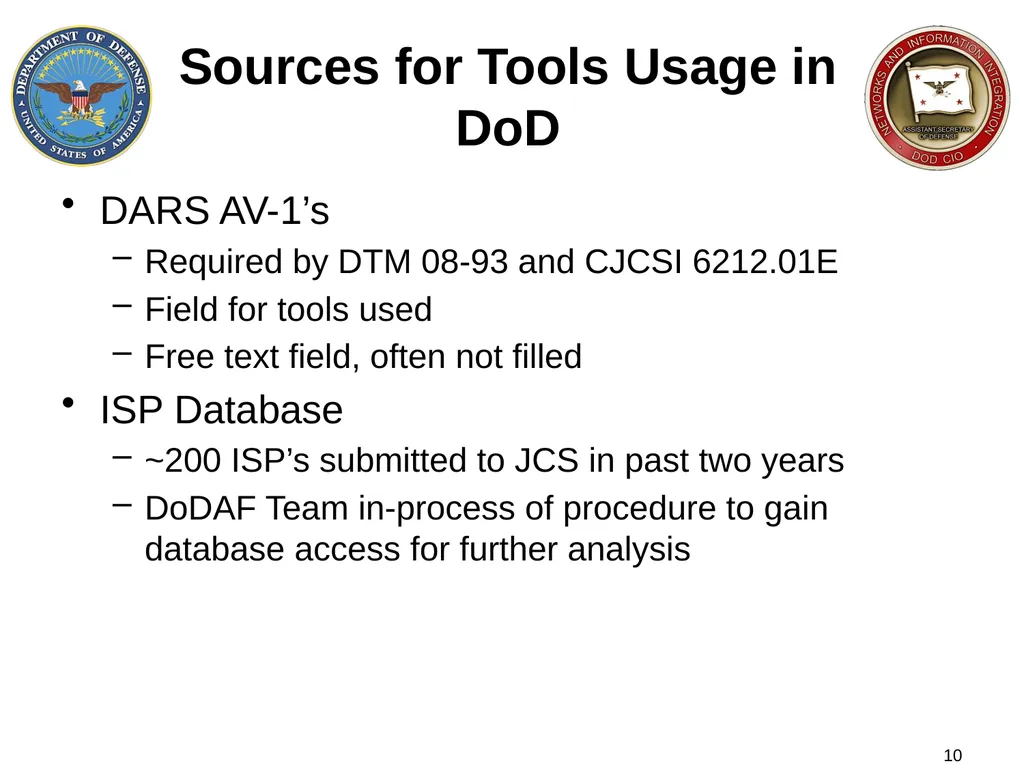 DoD Architecture Tools 5 January 2012 DoDAF Team 2 - slide 10 of 13