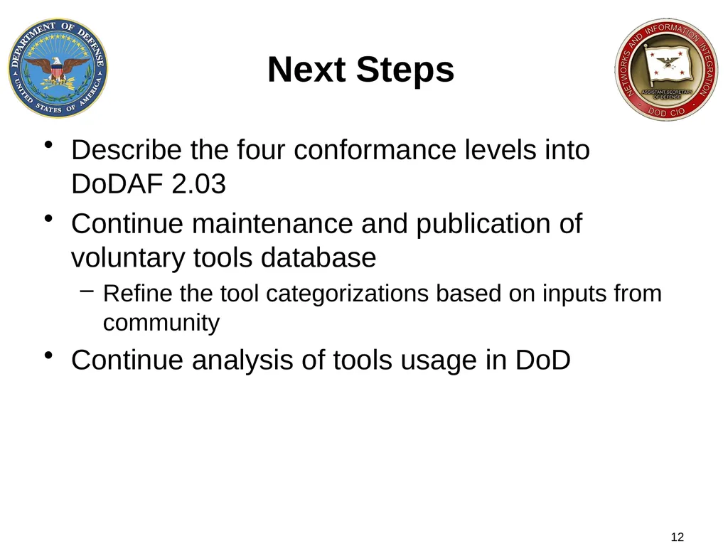 DoD Architecture Tools 5 January 2012 DoDAF Team 2 - slide 12 of 13