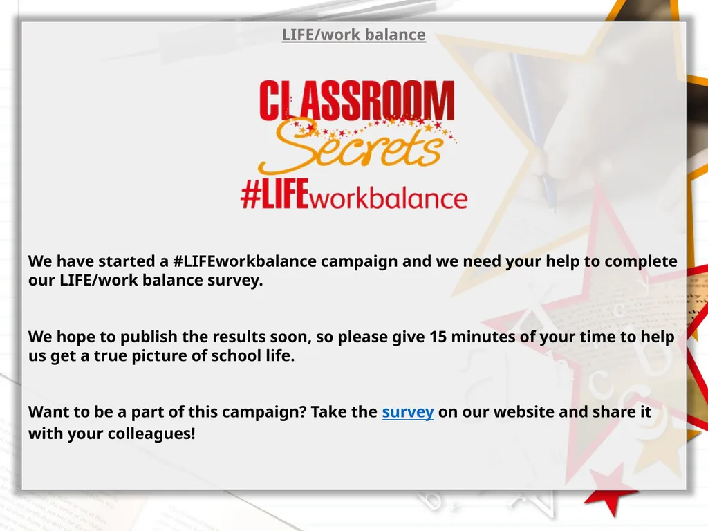LIFE/work balance We have started a - slide 1 of 22