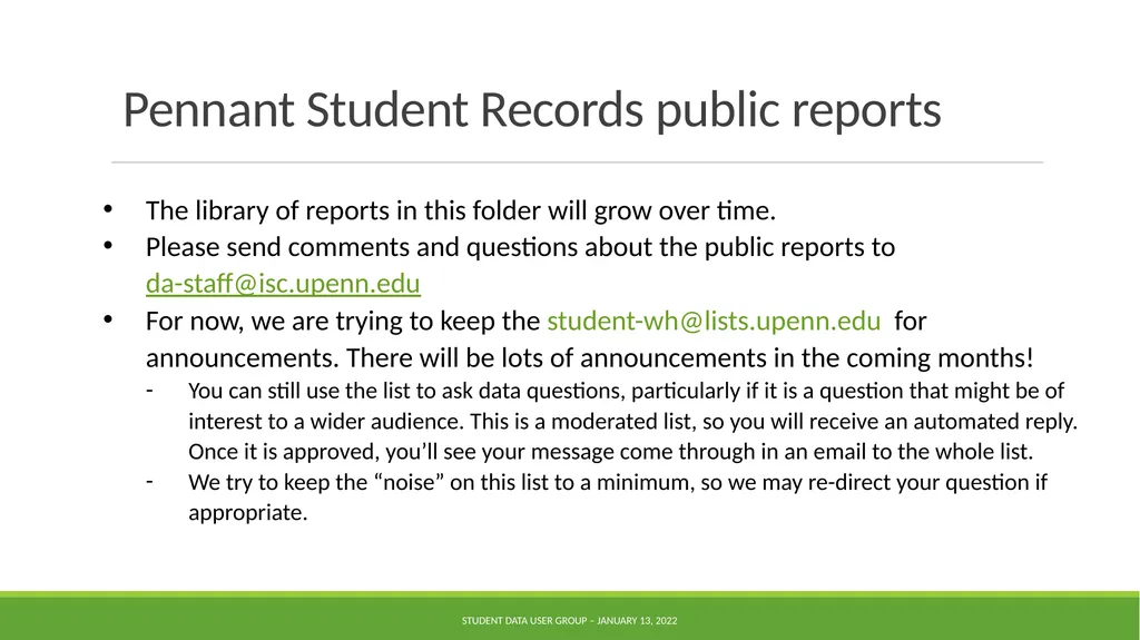 Data Warehouse Student Data User Group January 13, - slide 14 of 16