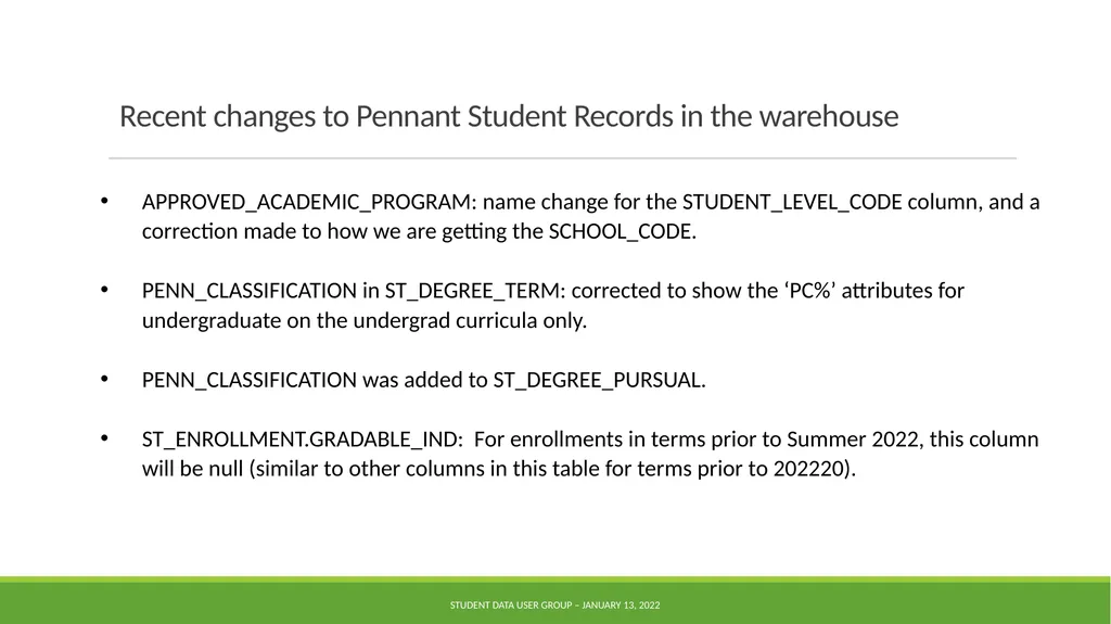 Data Warehouse Student Data User Group January 13, - slide 7 of 16