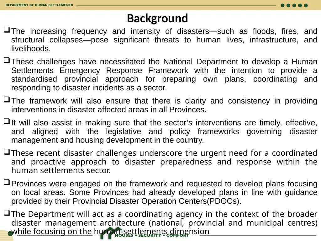 HUMAN SETTLEMENTS EMERGENCY RESPONSE FRAMEWORK 26 - slide 3 of 21