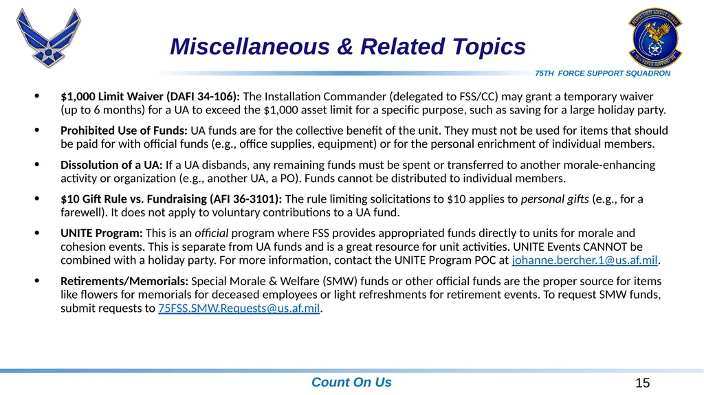 Unit Affiliated Unofficial Activities (UA) Rules, - slide 15 of 18
