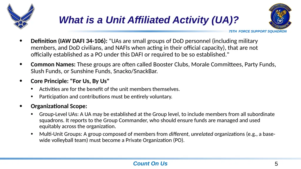 Unit Affiliated Unofficial Activities (UA) Rules, - slide 5 of 18