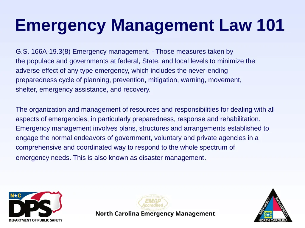North Carolina Emergency Management Law 101 - slide 2 of 46