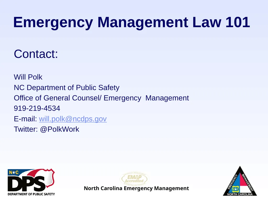 North Carolina Emergency Management Law 101 - slide 46 of 46