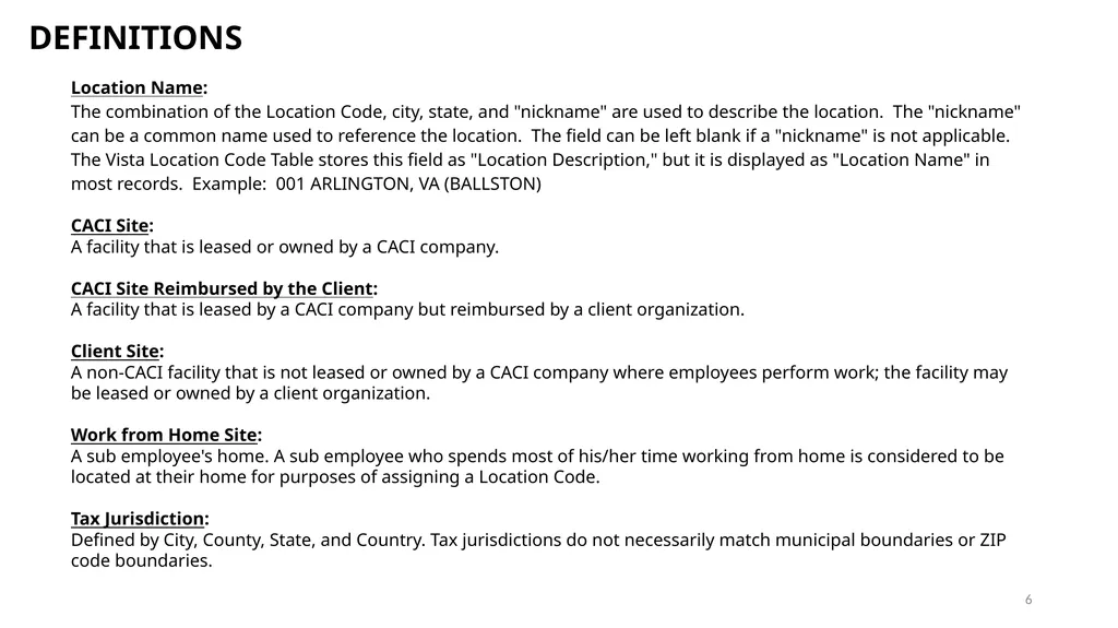 TRAINING ON LOCATION CODES Subcontractor - slide 6 of 16