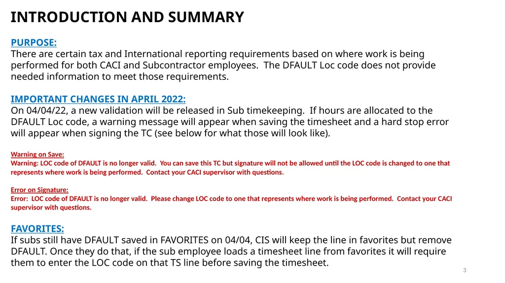 TRAINING ON LOCATION CODES Subcontractor - slide 3 of 16