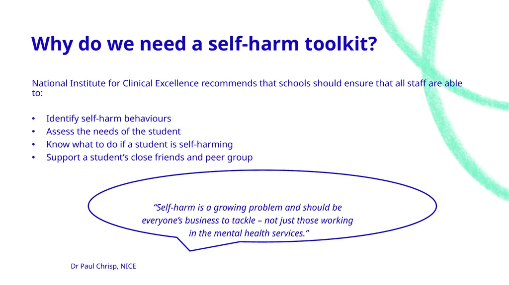 Let’s talk about…. Self-harm Toolkit Expectations - slide 18 of 42