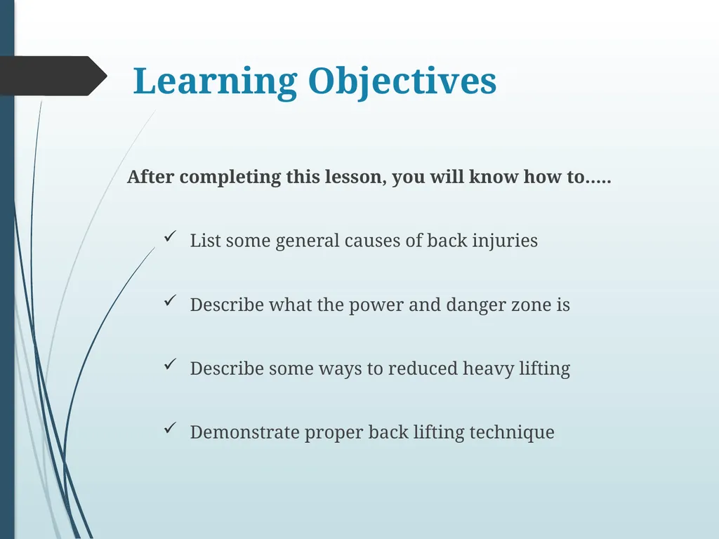 BACK SAFETY EHS Learning Objectives After - slide 2 of 17