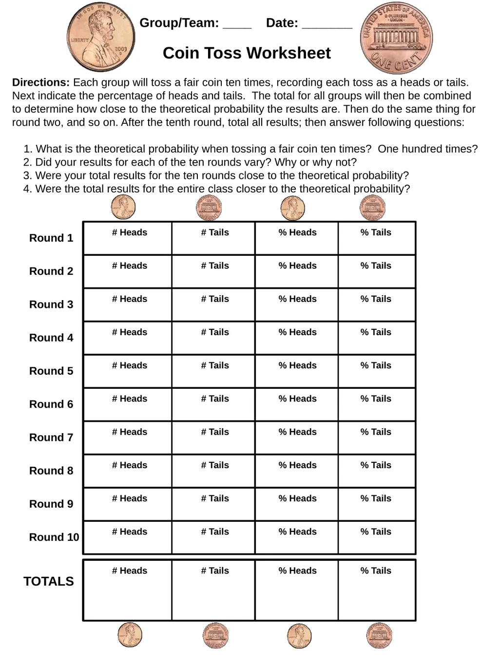 Probability A Coin Toss Activity Directions: Each - slide 3 of 3