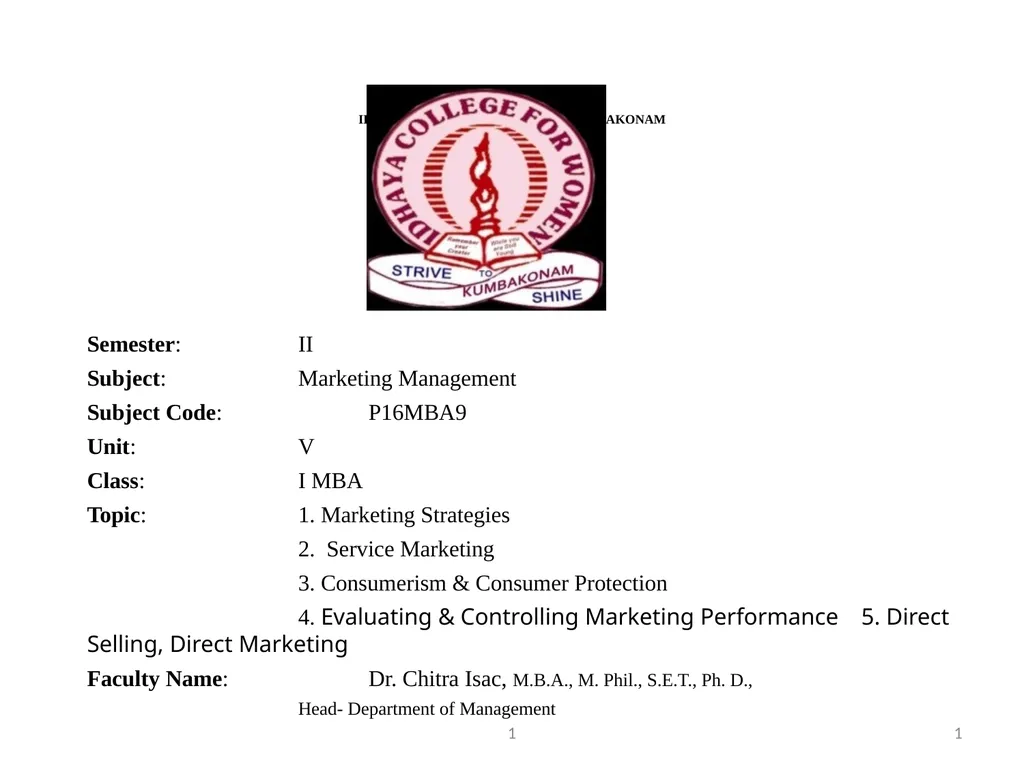 IDHAYA COLLEGE FOR WOMEN, KUMBAKONAM Semester: II