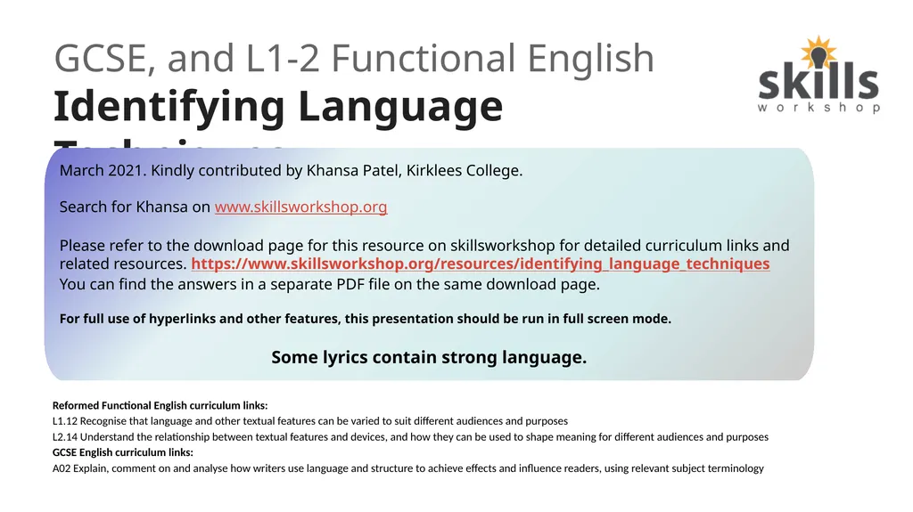 GCSE, and L1-2 Functional English Identifying - slide 1 of 27