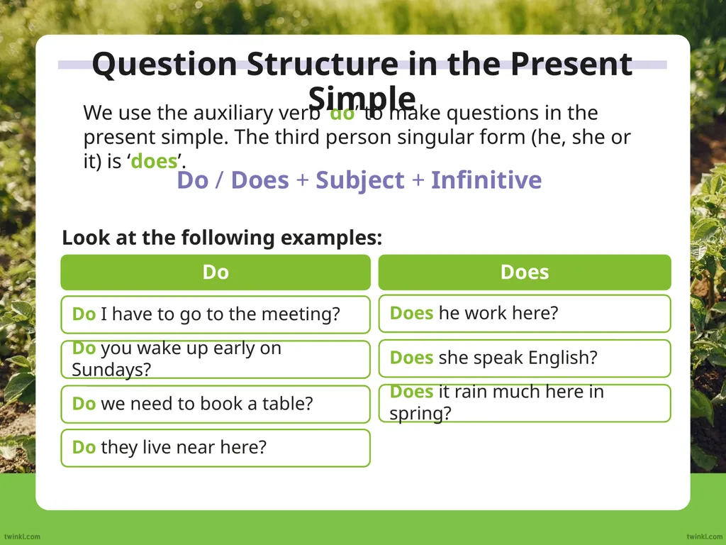 We use the auxiliary verb ‘do’ to make questions - slide 2 of 33