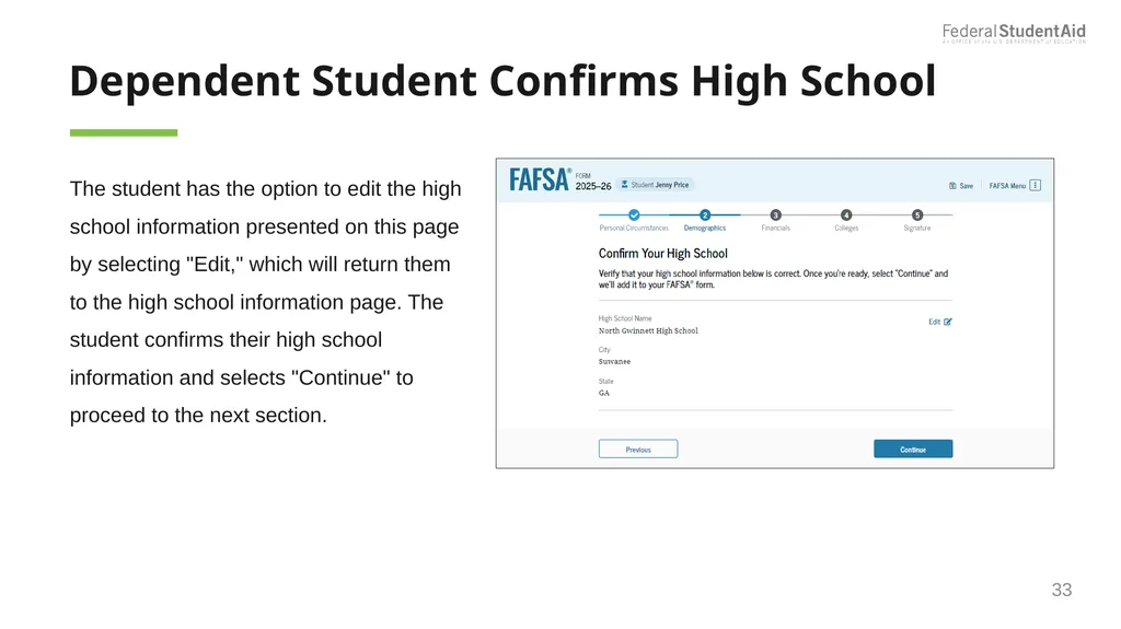 2025–26 FAFSA® Overview October 2024 Dependent - slide 33 of 103