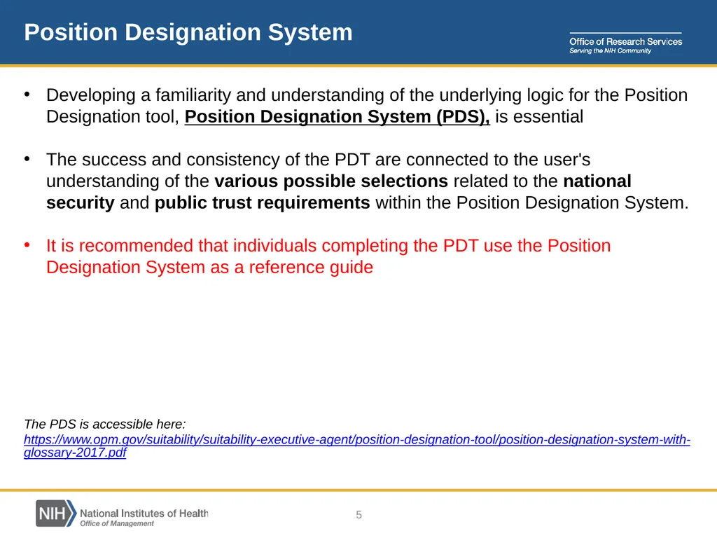 Position Designation Tool (PDT) Job Aid for NIH - slide 5 of 27
