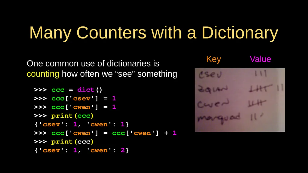 Python Dictionaries Chapter 9 Python for Everybody - slide 15 of 30