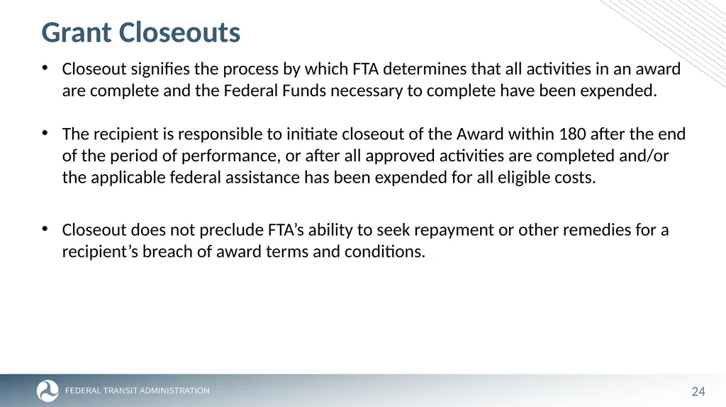 FTA Post Award Activities November 1, 2023 - slide 24 of 46