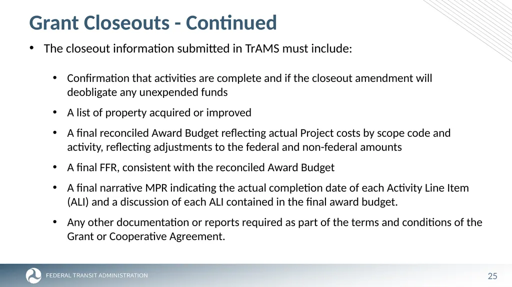 FTA Post Award Activities November 1, 2023 - slide 25 of 46